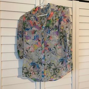 Express Portofino Buttondown Sheer Neon Floral XS